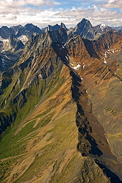 Aerial view of Cirque of Unclimbables, a circle of granite walls which draws rock climbers from all over the world, Nahanni National Park, Northwest Territories