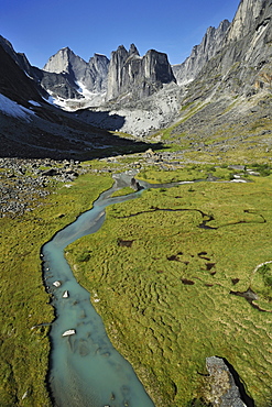 Aerial view of fairy meadows, Cirque of Unclimbables and Nahanni River, Nahanni National Park, Northwest Territories