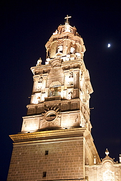 Bell tower of the Cathedral at night, Morelia, Michoacun, Mexico