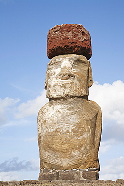 Moai with Pukau (stone hat), restored by archaeologist Claudio Cristino, at Ahu Tongariki at dawn, Rapa Nui (Easter Island), Chile