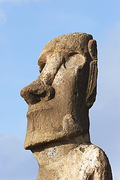 One of the fifteen moais from different periods, restored by archaeologist Claudio Cristino, at Ahu Tongariki, Rapa Nui (Easter Island), Chile