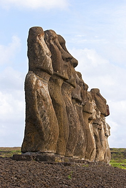 Moais from different periods, restored by archaeologist Claudio Cristino, at Ahu Tongariki, Rapa Nui (Easter Island), Chile