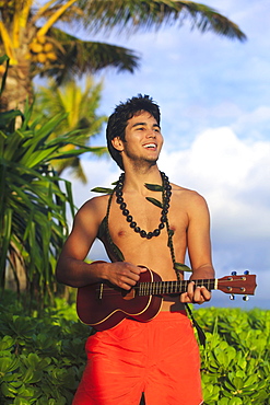 Hawaii, Oahu, Outdoor portrait of young Polynesian man playing ukulele.