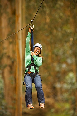 Hawaii, Maui, Zipline Adventure, Woman riding the zipline.