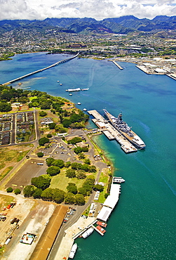 Hawaii, Oahu, Pearl Harbor, Aerial view of the USS Arizona Memorial and USS Missouri, WWII battelships.