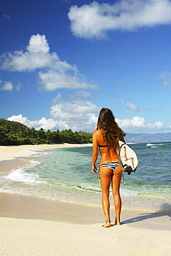 Hawaii, Oahu, Beautiful surfer girl on the beach.