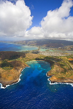 Hawaii, Oahu, Hawaii Kai, Aerial of Hanauma Bay and coastline.