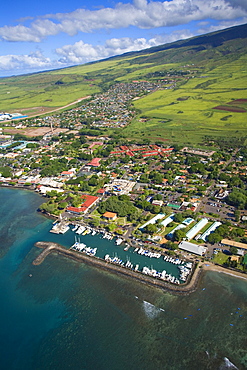 Hawaii, Maui, Lahaina, aerial view of harbor and town.