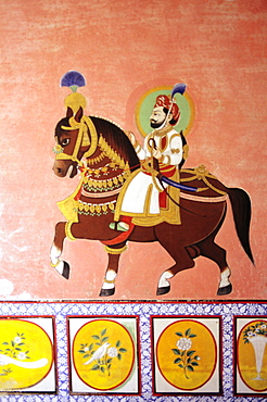 India, Rajasthan, Dungarpur, Juna Mahal Palaces, detail of fresco.