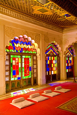 India, Rajasthan, Jodhpur at Fort Mehrangarh, beautiful temple for royals, color and stained glass windows of Fort Palace.