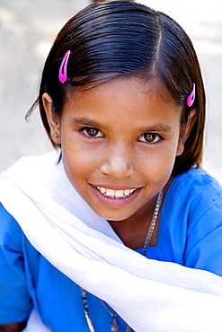 India, Rajasthan, Jodhpur, Rinawey Upper Primary School, young girl in uniform.