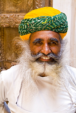 India, Rajasthan, Jodhpur, Fort Mehrangarh, Fort Palace, bearded palace guard.