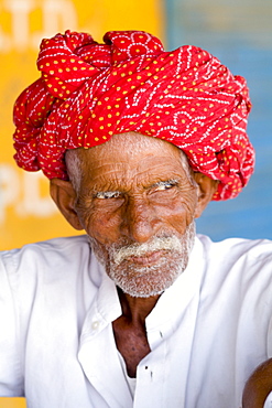 India, Rajasthan, near Ranthambore, old Hindu man with turban in small village of Charu.