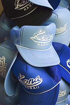 Hawaii, Big Island, Kailua-Kona, Hats with Kona, Hawaii printed on them in a store on Ali'i Drive.