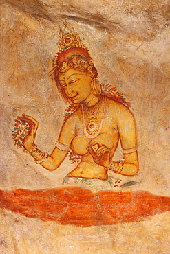 Sri Lanka, Sigiriya Rock, Ancient painting on cave wall.