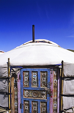 Mongolia, Ger Ranch, Traditional Nomadic home, detail of door and roof.