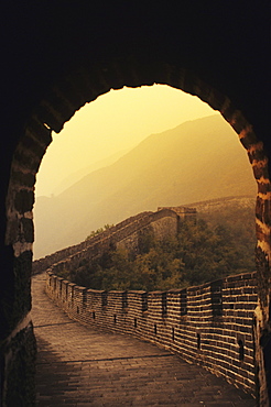 China, Mu Tian Yu, The Great Wall of China, view from inside a tower, misty sky