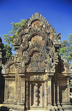 Cambodia, Siem Reap, Angkor, Banteay Srei Temple, exterior of stone structure