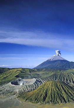 Indonesia, Java, Bromo Tengger Semeru National Park overview, volcano erupts background