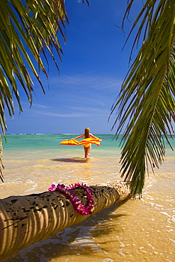 Hawaii, Oahu, Beautiful young woman in water holding a bright pareo on a tropical beach