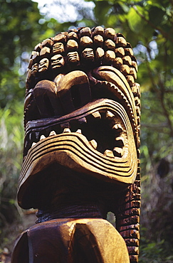 Hawaii, Oahu, Waimea Valley, Closeup of wooden tiki statue, greenery in background