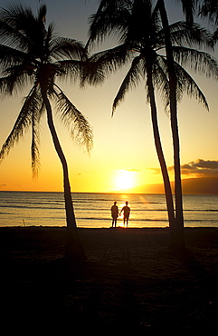 Hawaii, Maui, Couple enjoys sunset at beach, silhouette,