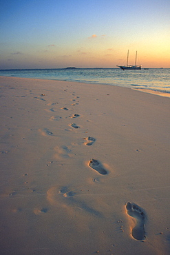 Footprints in white sand along shoreline at sunset