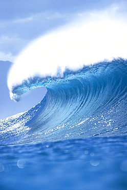 Huge translucent blue wave curling with wind spray, shimmery water 