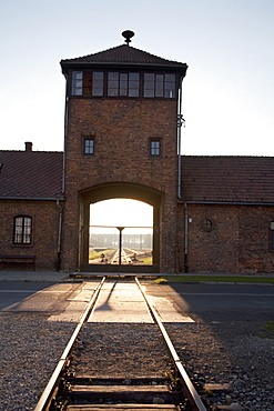 Main Guard House (Gate Of Death) At Sunset, Auschwitz-Birkenau Concentration Camp, Oswiecim, Malopolska, Poland