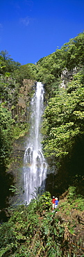 Hawaii, Maui, Wailua Falls, Couple Look At Waterfall, Foliage, Blue Sky Panoramic C1640