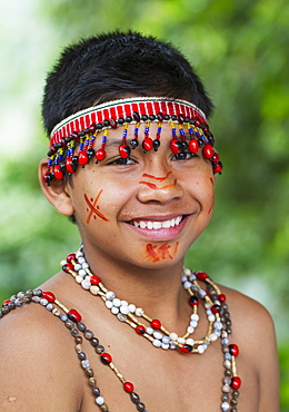 Shuar boy wearing traditional dress, Limon, Guayas, Ecuador