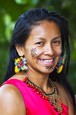 Shuar woman wearing traditional dress, Limon, Guayas, Ecuador