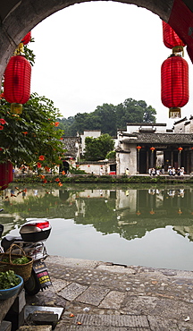 Red lanterns on a house by the Moon Pond, Hongcun, Anhui, China