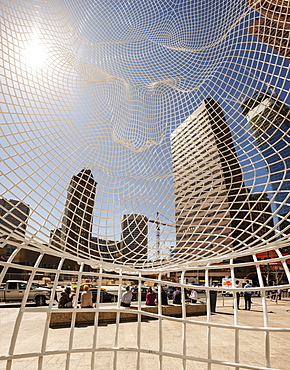 Calgary Skyline Viewed Through The Wonderland Sculpture; Calgary, Alberta, Canada