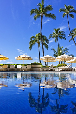 Halekalani Pool at Waikiki with palm trees and umbrellas reflected in the water, Honolulu, Oahu, Hawaii, United States of America