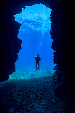 Diver at the entrance to First Cathedral off the island of Lanai, Hawaii, United States of America