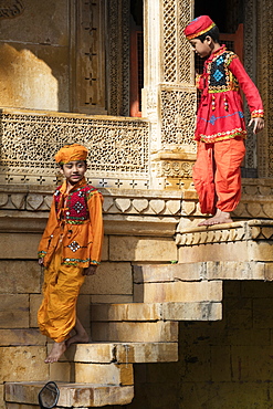 Two young Indian boys dressed in traditional clothing, Jaisalmer Fort, Jaisalmer, Rajasthan, India