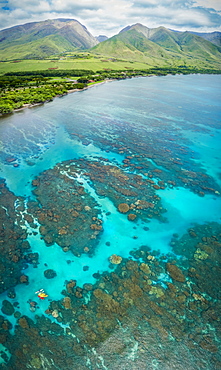 Aerial view of kayaks over the reefs off Olowalu, West Maui. Six photographs were combined for this final image, Lahaina, Maui, Hawaii, United States of America