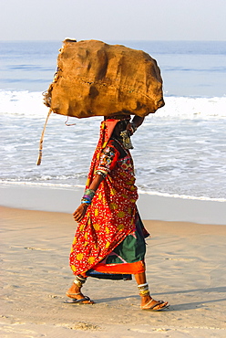 Karnataka woman walking on the beach carrying a bundle on her head, Goa, India