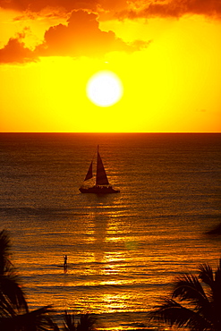 Golden sunset off Waikiki Beach with a silhouetted sailboat in the water, Honolulu, Oahu, Hawaii, United States of America