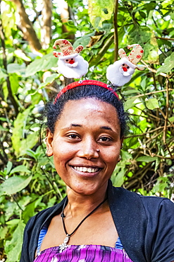 Ethiopian woman wearing a Christmas headband, Lake Tana, Amhara Region, Ethiopia