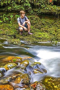 A young man crouches next to a small stream running through a forest in Upcountry Maui, Maui, Hawaii, United States of America