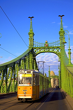 Liberty Bridge and tram, Budapest, Hungary, Europe