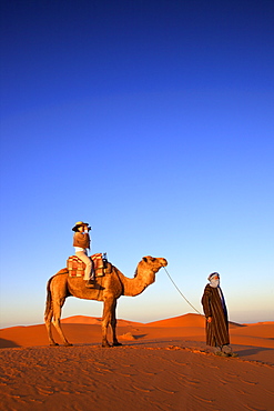 Tourist on camel taking photograph, with Berber man, Morocco, North Africa, Africa