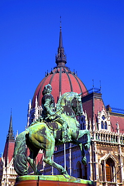 Bronze equestrian Monument of Ferenc II Rakoczi, Prince of Transylvania, in front of Hungarian Parliament Building, Budapest, Hungary, Europe 