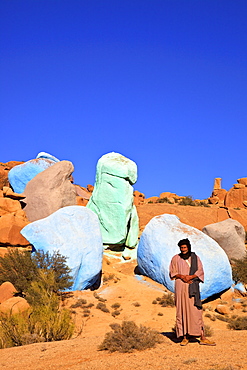 Goat herder with Painted Rocks by Belgian Artist Jean Verame, Tafraoute, Morocco, North Africa, Africa