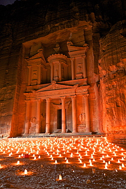 Treasury lit by candles at night, Petra, UNESCO World Heritage Site, Jordan, Middle East