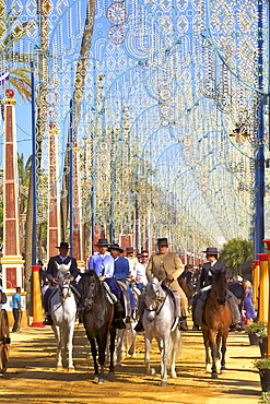 Spanish horse riders in traditional dress at annual Horse Fair, Jerez de la Frontera, Cadiz Province, Andalusia, Spain, Europe