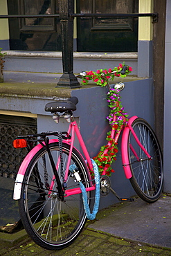 Pink bicycle with flowers, Amsterdam, Netherlands, Europe