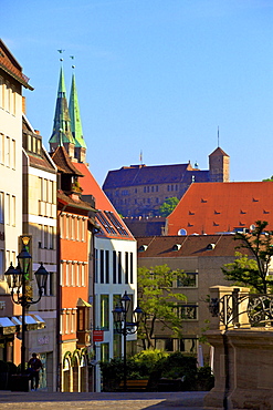 Shopping Area with St. Sebald and Castle in the background, Nuremberg, Bavaria, Germany, Europe 